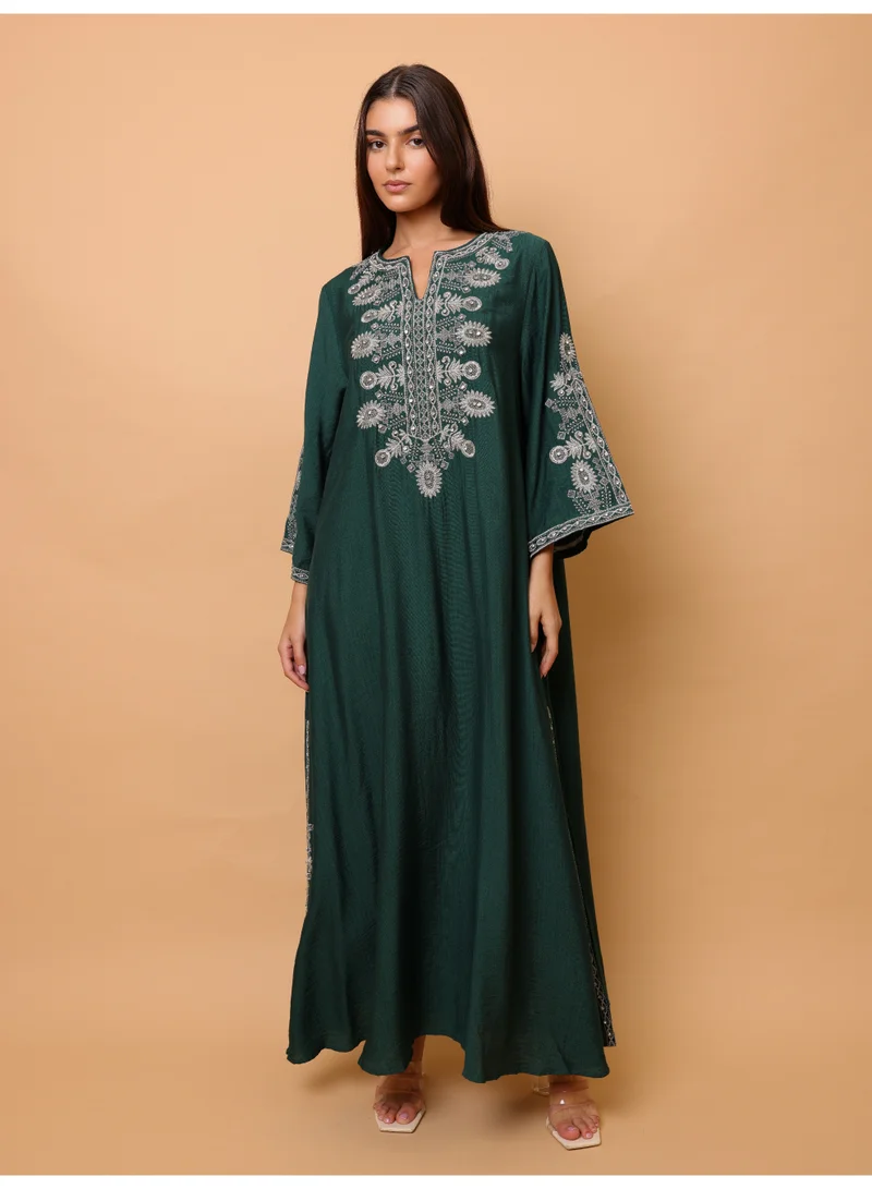 IKKXA  Solid Casual Jalabiya Embroidery Details on Front and Sides for Women | Best Price UAE