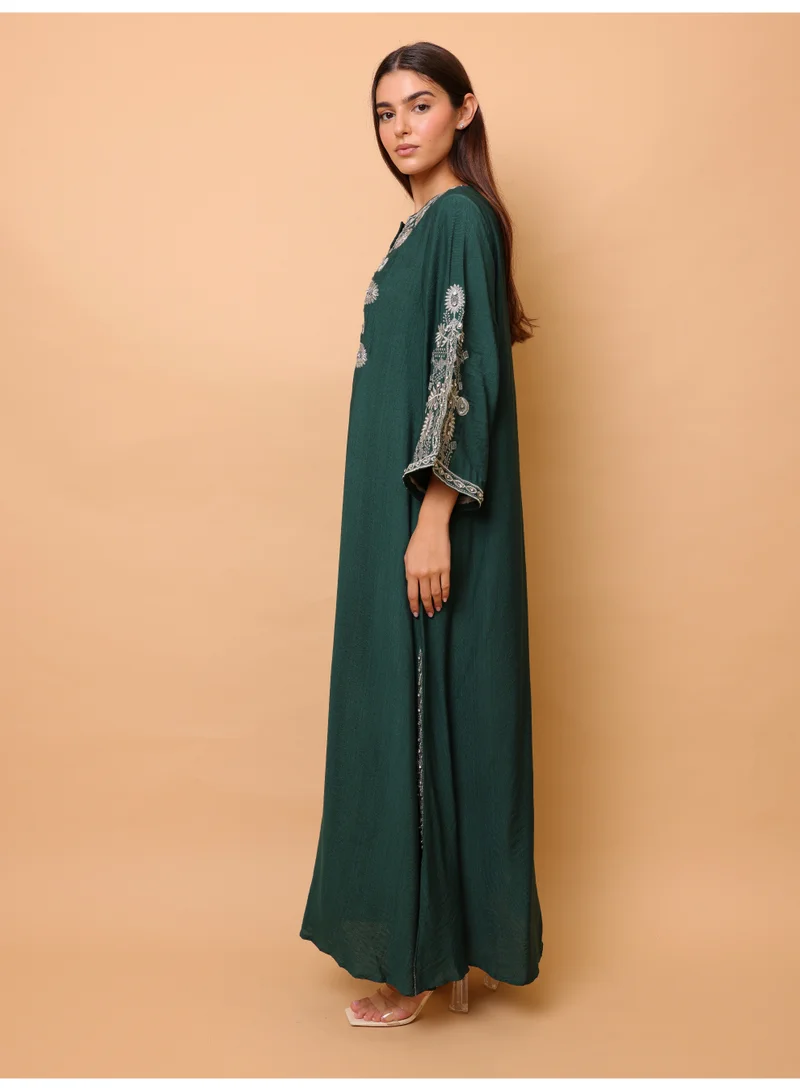 IKKXA  Solid Casual Jalabiya Embroidery Details on Front and Sides for Women | Best Price UAE