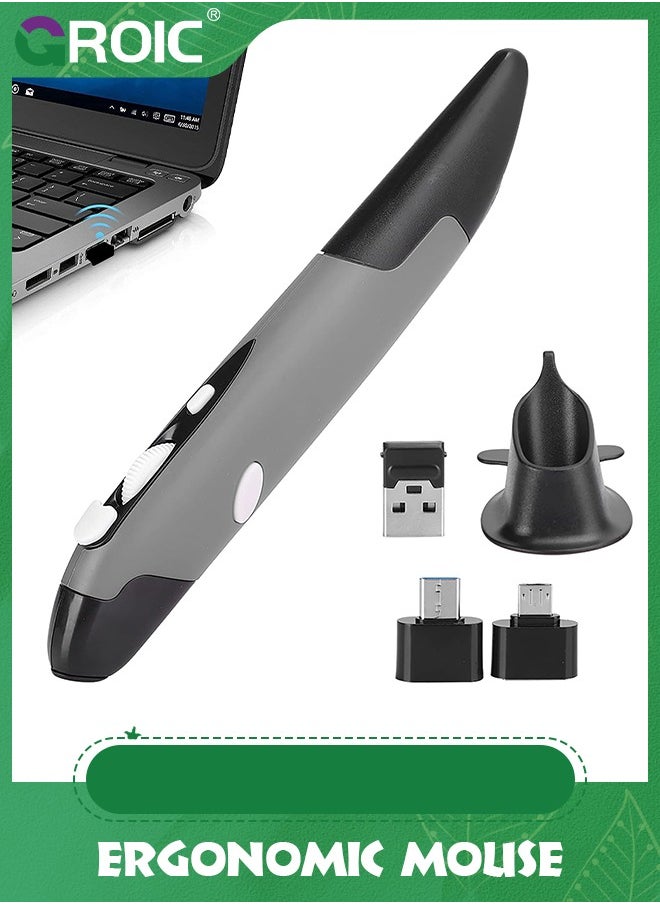 GROIC Grey Rechargeable Pocket Pen Mouse, Left/Right-Handed Wireless Optical Ergonomic Mouse with Stylus Function RGB Backlit Type-C & Micro USB Adapter for PC Laptop Notebook Mac  - Image 1