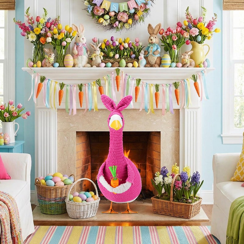 Abbylike 1 Set Easter Bunny Porch Goose Outfit Knitted Rabbit Yard Goose Costume Clothes with Carrot Fits Large 23'' H Cement for Easter Day Outdoor Patio Garden Lawn Pathway Statue Decor - Image 4