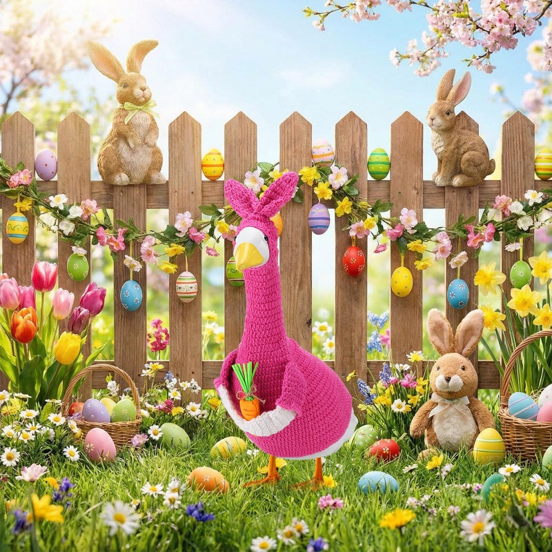 Abbylike 1 Set Easter Bunny Porch Goose Outfit Knitted Rabbit Yard Goose Costume Clothes with Carrot Fits Large 23'' H Cement for Easter Day Outdoor Patio Garden Lawn Pathway Statue Decor - Image 5