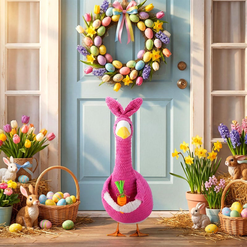 Abbylike 1 Set Easter Bunny Porch Goose Outfit Knitted Rabbit Yard Goose Costume Clothes with Carrot Fits Large 23'' H Cement for Easter Day Outdoor Patio Garden Lawn Pathway Statue Decor - Image 2