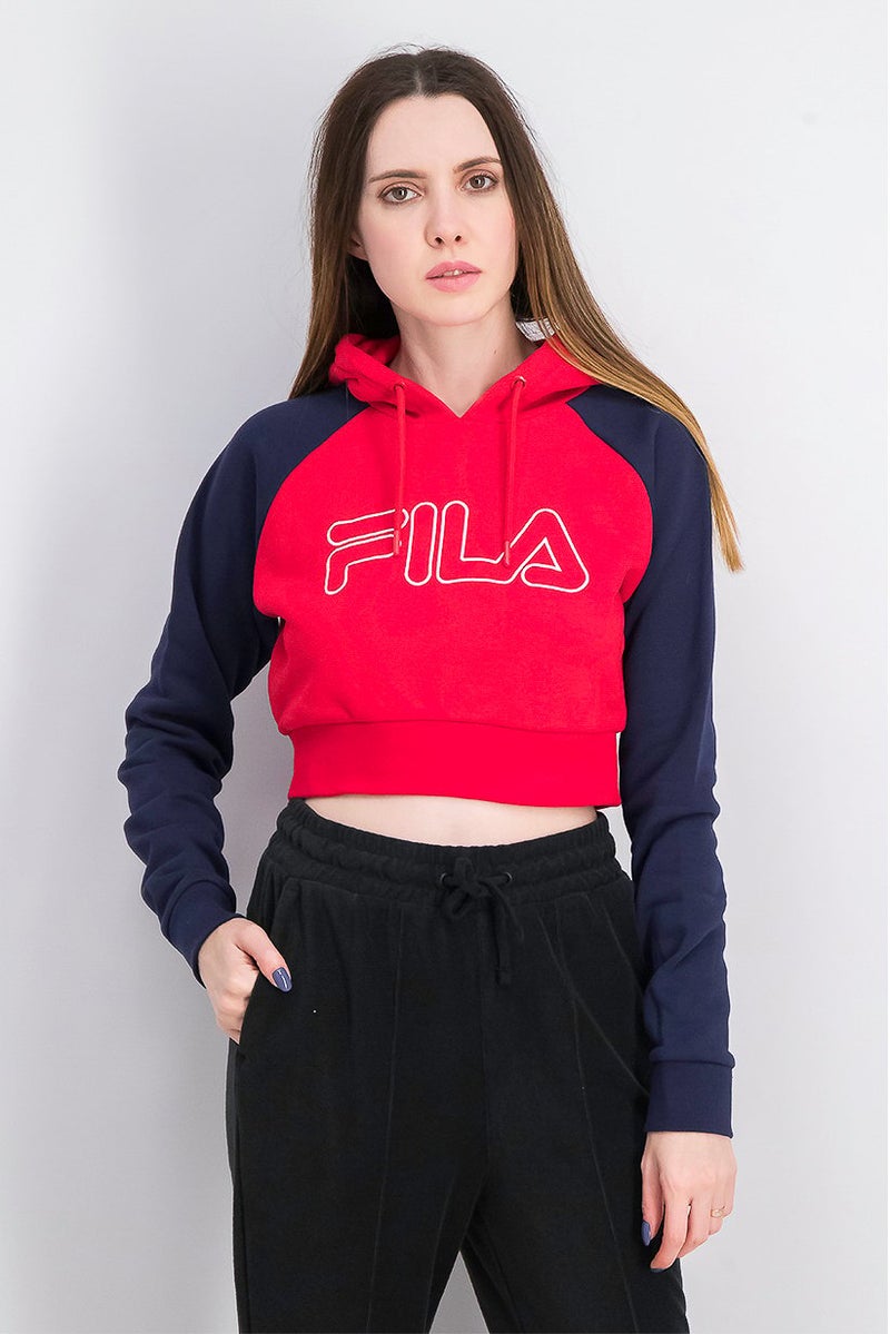 FILA Women Hooded Long Sleeve Cropped Sweatshirt, Red Combo - Image 1