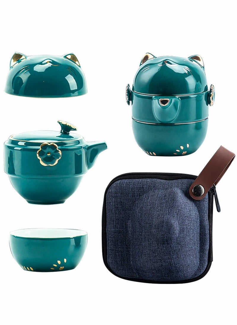 Generic - Portable Ceramic Tea Cup Set: Lucky Cat Porcelain Teapot Set with Tea Strainer - Lids and 1 Shockproof Storage Case - Suitable for Travel - Outdoor Picnic - Office Work - Home - Image 1