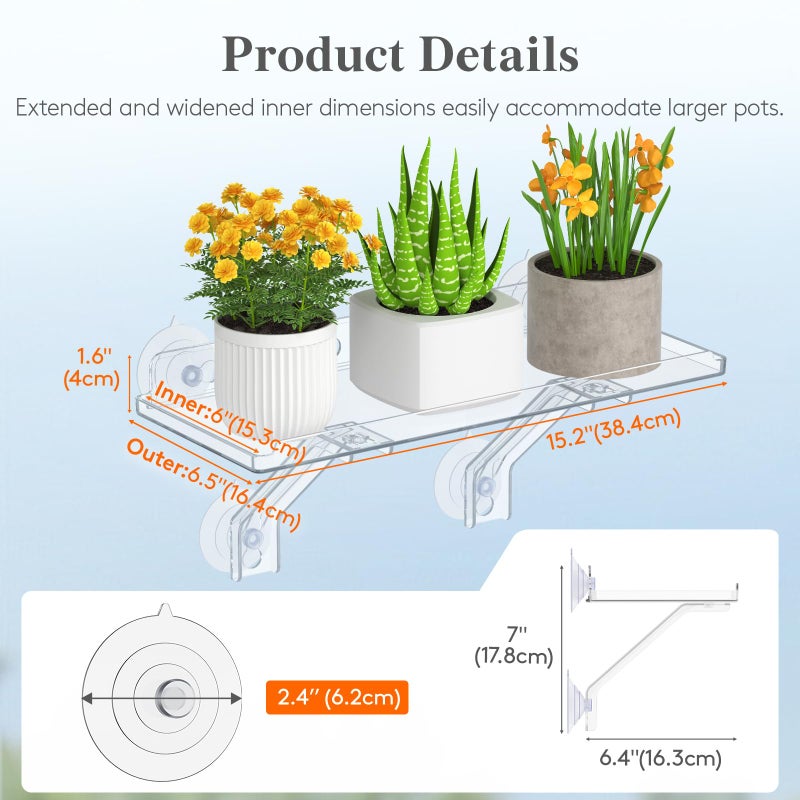 Lifewit 6" Extra Wide & Strong Window Plant Floating Shelves 2 Pack, Heavy Duty Acrylic Suction Cup Shelf, Sill Extender for Succulent Plants, Seed Starter Pots, Herb Planters 38 x 15 cm/15.2x6 - Image 2