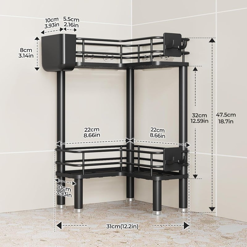 Orimade Rustproof 2 Tier Floor Standing Corner Shower Caddy Organizer with Toothbrush Holder, Large Spacing Floor Shower Shelf Rack Storage Stands with Hooks for Bathroom Kitchen, Black - Image 2