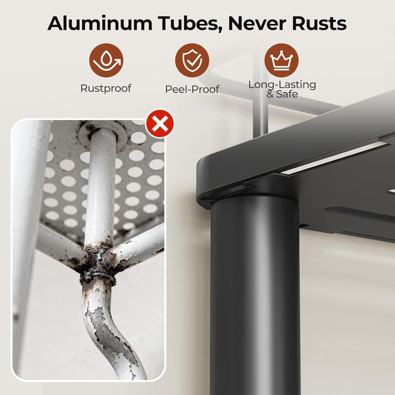 Orimade Rustproof 2 Tier Floor Standing Corner Shower Caddy Organizer with Toothbrush Holder, Large Spacing Floor Shower Shelf Rack Storage Stands with Hooks for Bathroom Kitchen, Black - Image 3