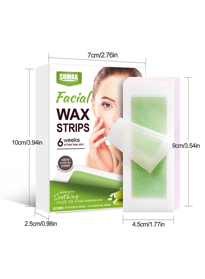 SUMAX Wax Strips for Hair Removal, Double Sides Facial Body Wax Strips, Waxing Kit with 30 Face Wax Strips and 4 Calming Oil Wipes - Image 2