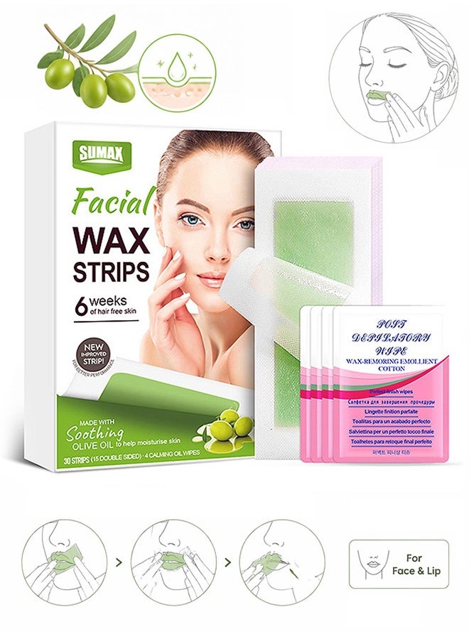 SUMAX Wax Strips for Hair Removal, Double Sides Facial Body Wax Strips, Waxing Kit with 30 Face Wax Strips and 4 Calming Oil Wipes - Image 1