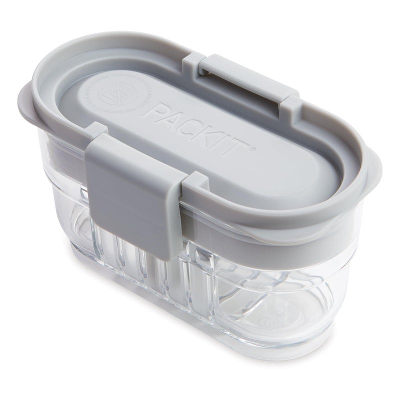 PackIt Mod Mini Bento Food Storage Container Steel Gray Shatterproof Crystal Clear Base with Leakresistant Divider and Lid Microwavable Dishwasher Safe Designed for Snacks 1 Cup Capacity