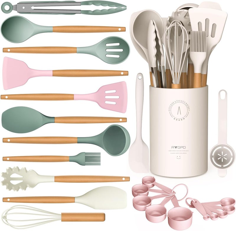 AVGPD Silicone Cooking Utensils Set - Silicone Kitchen Utensils for Cooking Wooden Handles, 446°F Heat Resistant Kitchen Utensil Spatula Sets w Holder, Gadgets for Non-Stick Cookware BPA FREE (Multicolour) - Image 1