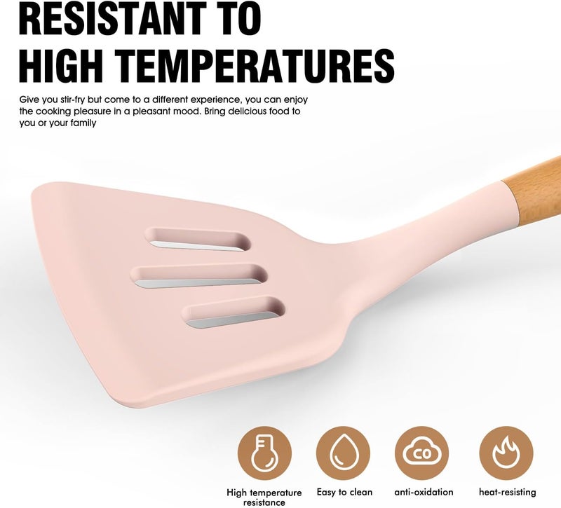 AVGPD Silicone Cooking Utensils Set - Silicone Kitchen Utensils for Cooking Wooden Handles, 446°F Heat Resistant Kitchen Utensil Spatula Sets w Holder, Gadgets for Non-Stick Cookware BPA FREE (Multicolour) - Image 2