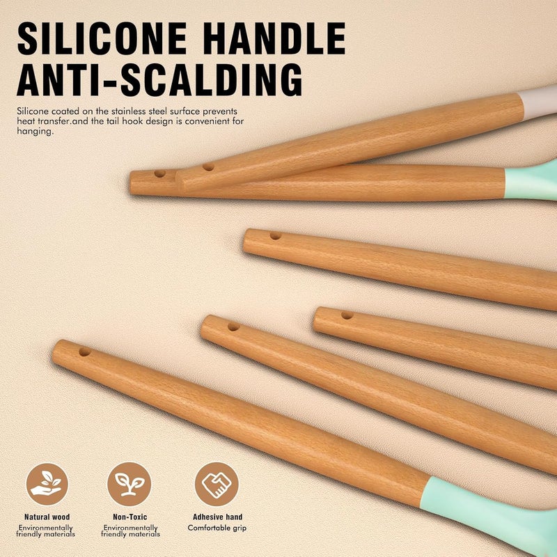AVGPD Silicone Cooking Utensils Set - Silicone Kitchen Utensils for Cooking Wooden Handles, 446°F Heat Resistant Kitchen Utensil Spatula Sets w Holder, Gadgets for Non-Stick Cookware BPA FREE (Multicolour) - Image 3