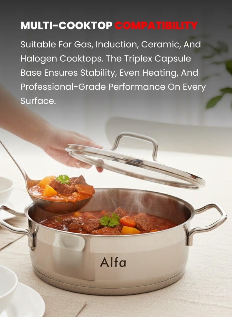 ALFA Stainless Steel Shallow Casserole 28 cm | 6.8 L Capacity | 18/10 Food‑Grade Steel | Triplex Capsule Bottom | Induction & Gas Compatible | With Lid - Image 4
