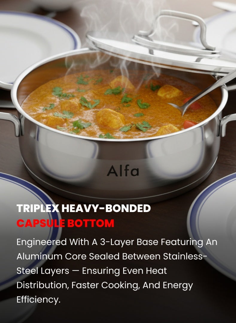 ALFA Stainless Steel Shallow Casserole 28 cm | 6.8 L Capacity | 18/10 Food‑Grade Steel | Triplex Capsule Bottom | Induction & Gas Compatible | With Lid - Image 5