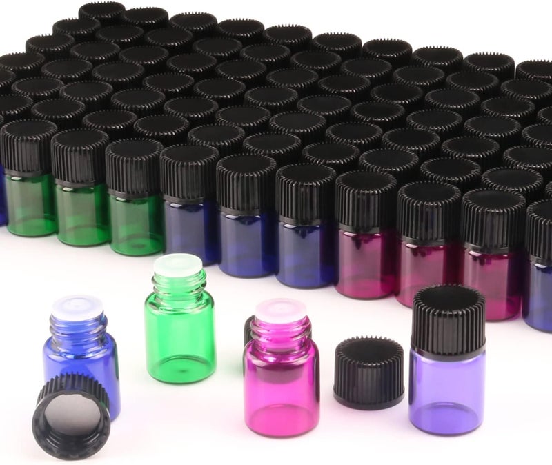 Wresty Wresty 2 ml(5/8 dram) Essential Oil Bottle,100 Packs Blue Green Pink Purple Glass Vials with Orifice Reducers Mini Sample Bottles(3 dropper,stickers) 