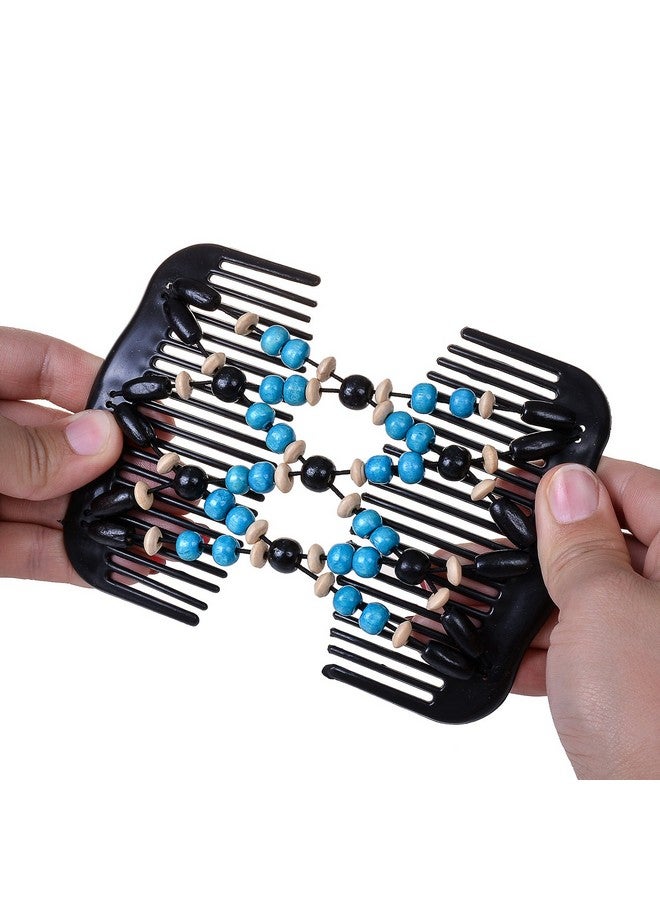 Lovef Magic Wood Beads Double Hair Comb Clip Stretchy Women Hair Accessories (Blue Beige Rose Red Purple) (Blue) - Image 3