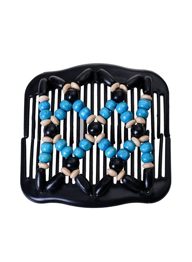 Lovef Magic Wood Beads Double Hair Comb Clip Stretchy Women Hair Accessories (Blue Beige Rose Red Purple) (Blue) - Image 2