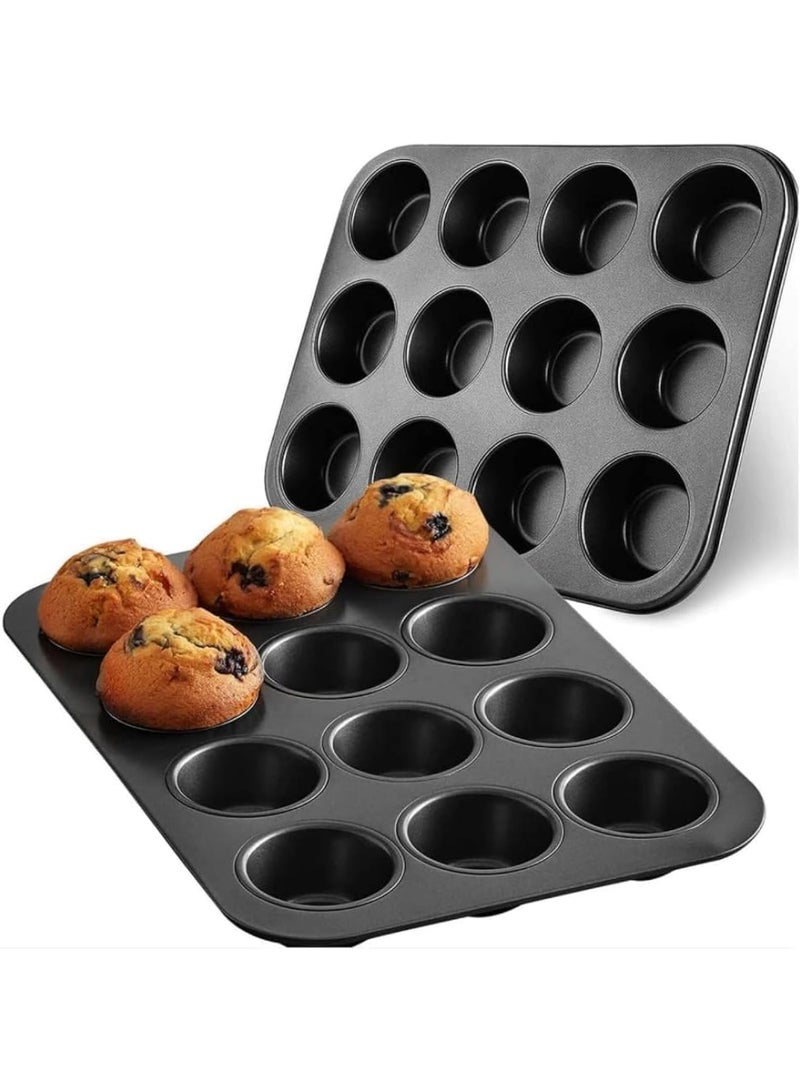 2-Pack 12 Cup Cupcake Baking tray Non-Stick Carbon Steel Muffin Tray Oven Baking Pan Heat Resistant Bakeware Pan perfect for making Cupcakes, Mini Pie, Tart and Muffins  - Image 1