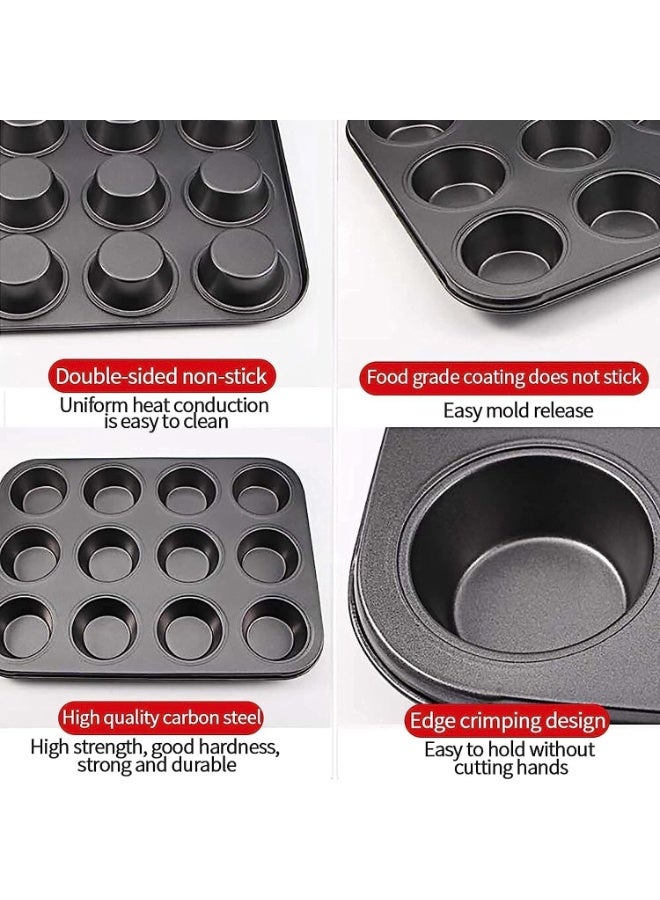 2-Pack 12 Cup Cupcake Baking tray Non-Stick Carbon Steel Muffin Tray Oven Baking Pan Heat Resistant Bakeware Pan perfect for making Cupcakes, Mini Pie, Tart and Muffins  - Image 2