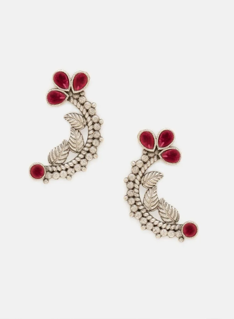 Priyaasi Faux Ruby Studded Oxidised Contemporary Drop Earrings