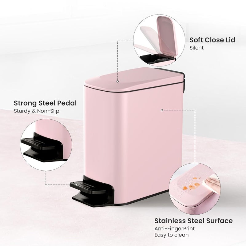 Cesun Small Bathroom Trash Can with Lid Soft Close, Step Pedal, 6 Liter / 1.6 Gallon Stainless Steel Garbage Can with Removable Inner Bucket, Anti-Fingerprint Finish (Pink) - Image 3