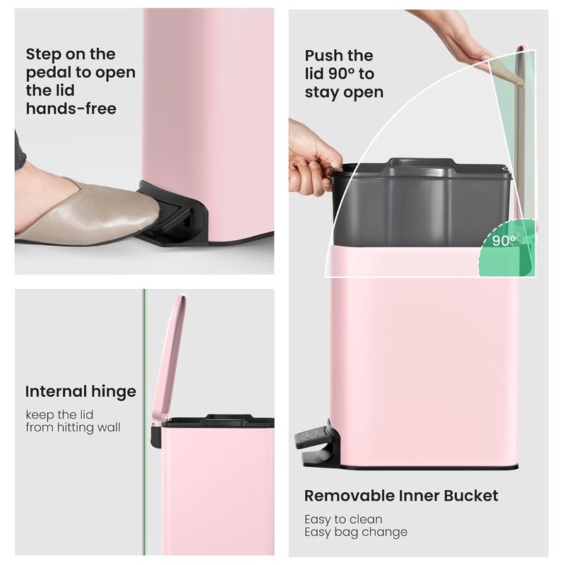 Cesun Small Bathroom Trash Can with Lid Soft Close, Step Pedal, 6 Liter / 1.6 Gallon Stainless Steel Garbage Can with Removable Inner Bucket, Anti-Fingerprint Finish (Pink) - Image 5