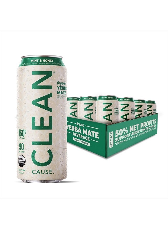 CLEAN Cause Mint & Honey USDA Organic Yerba Mate Tea (15.5oz cans, 12-Pack Case) Non-Carbonated, 160mg Caffeine - Image 1
