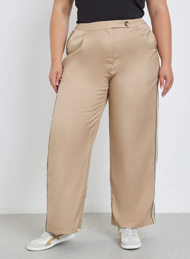 Styli Styli Plus Beige Straight Fit Trousers with Side Tape