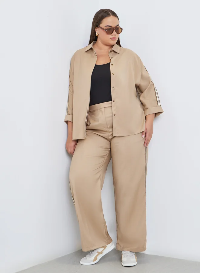 Styli Styli Plus Beige Straight Fit Trousers with Side Tape