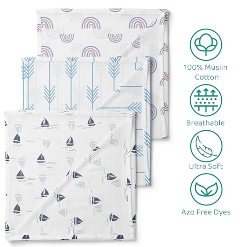 1ST STEP 100% Cotton Muslin Baby Swaddle Set, Pack of 3, Size-120cm x 100cm (47"x39"), (Blue) - Image 2