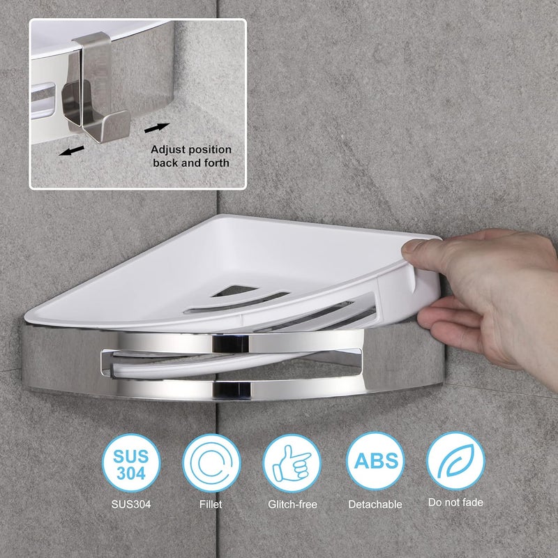 DUFU Corner Shower Caddy Adhesive Bathroom Shelves, Wall Mounted Storage Organizer with Hooks, No Drilling SUS304 Stainless Steel Rustproof Shower Racks for Dorm, Kitchen and Toilet - 2 Pack (Silver) - Image 4