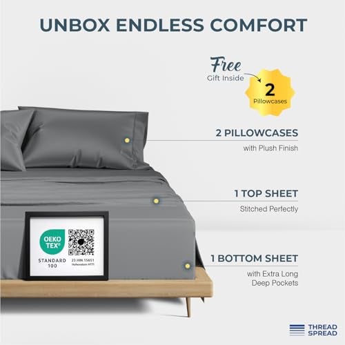 THREAD SPREAD 100% Egyptian Cotton Sheets Queen Size - Luxury 1500 Series Queen Sheet Set Egyptian Cotton (4 PC, Dark Grey), Silky Soft, Sateen Weave, Cooling & Breathable, 17" Deep Pocket Bed Set - Image 3