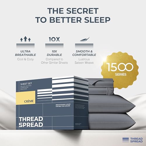 THREAD SPREAD 100% Egyptian Cotton Sheets Queen Size - Luxury 1500 Series Queen Sheet Set Egyptian Cotton (4 PC, Dark Grey), Silky Soft, Sateen Weave, Cooling & Breathable, 17" Deep Pocket Bed Set - Image 2