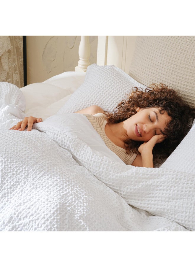 PHF PHF Waffle Weave Duvet Cover Set King Size, 3 Piece Ultra Soft Breathable Durable Comforter Cover for All Season, Waffle Textured Duvet Cover with 2 Pillow Shams Bedding Collection, 104"x90", White  - Image 1