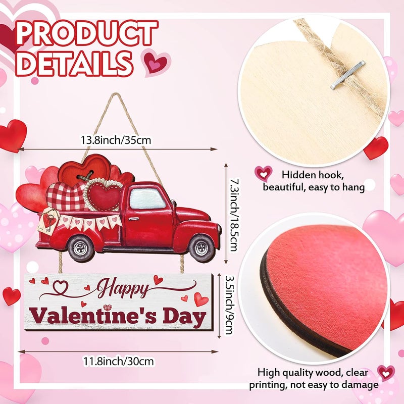 Marsui Happy Valentine's Day Wooden Hanging Sign Door Decor Wood Love Hearts Valentines Decorations Wall Plaque Ornaments for Table Room Outdoor Indoor Window Rustic Farmhouse Porch Decor (Truck) - Image 3