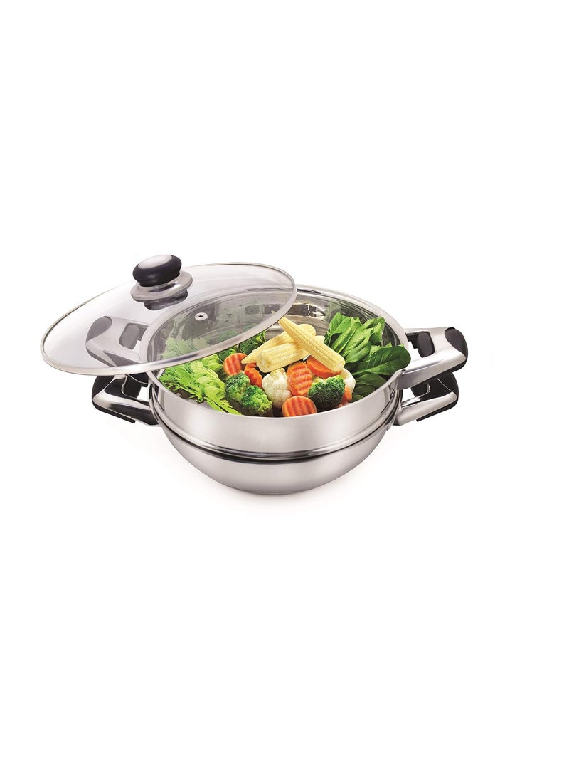 Pristine Pristine Stainless Steel Tri Ply Induction Base Multipurpose Kadai and Steamer with Glass Lid | 1 Kadai, 1 Steamer Basket, 1 Glass lid (22cm, Silver)  - Image 5