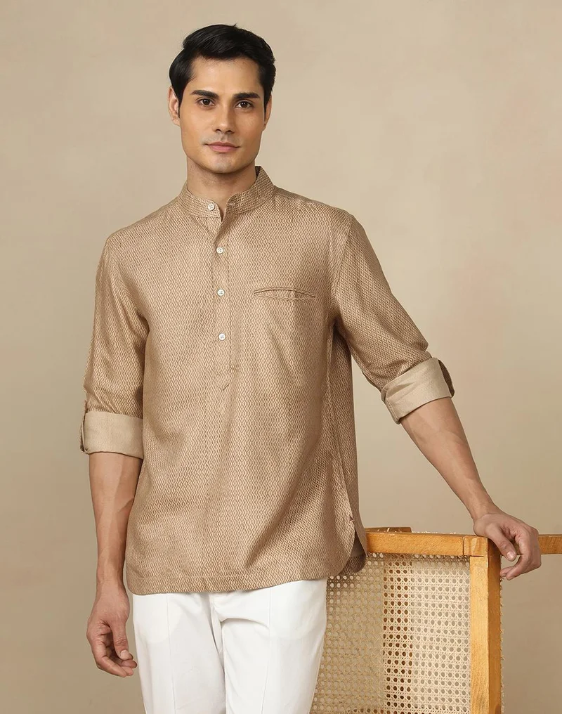 فاب انديا Beige-Brown Printed Jaal Slim Fit Mid Placket Shirt