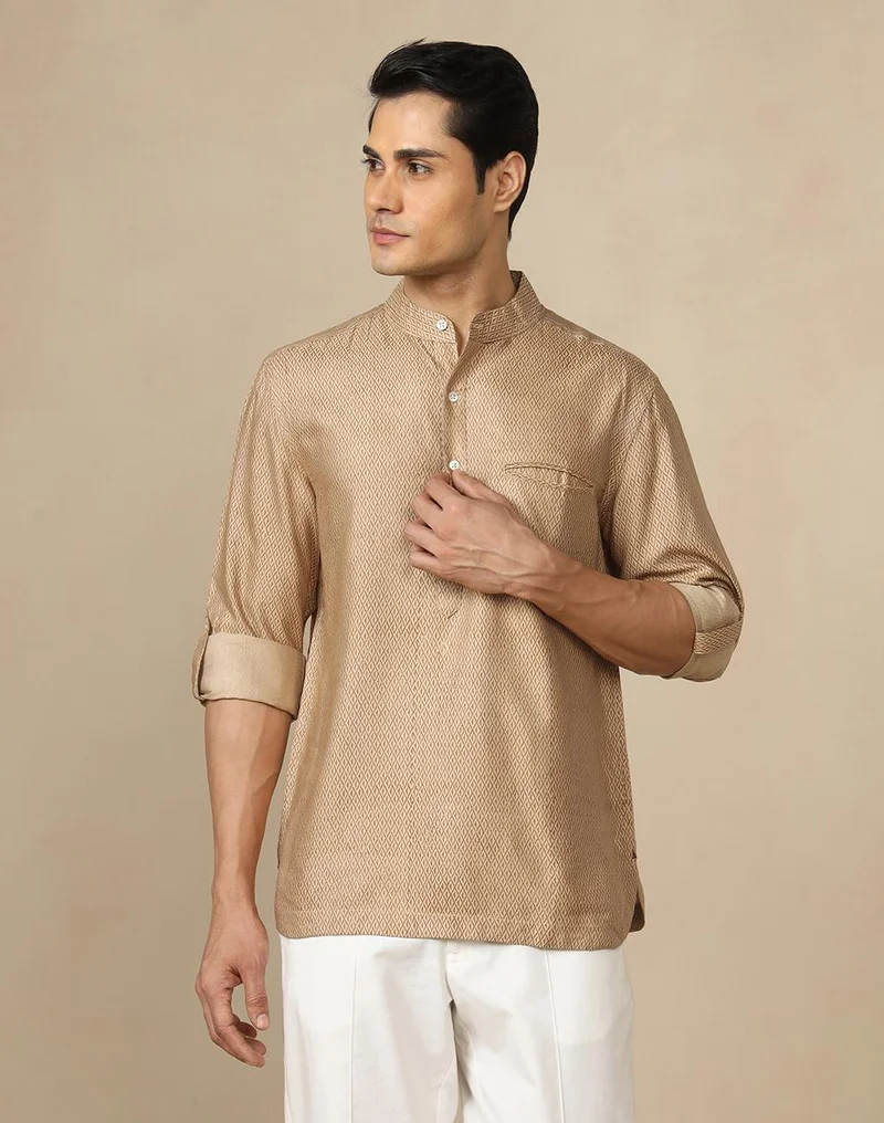فاب انديا Beige-Brown Printed Jaal Slim Fit Mid Placket Shirt