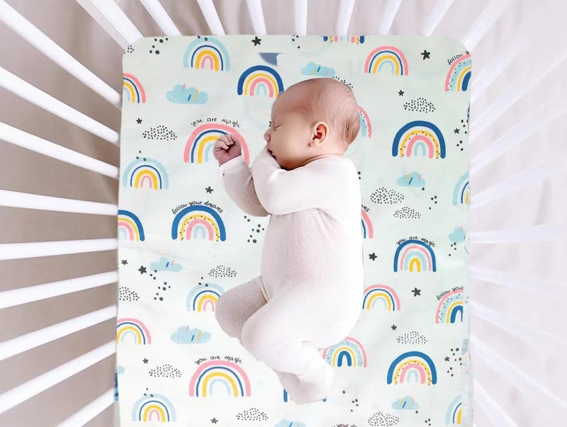 BIBS Cot Bed Fitted Sheets, 100% Cotton Travel Cot Sheets Fitted 140x70cm, Fits for Hauck Sleep N Play, Dream N Play Travel Cot, Ultra Soft & Breathable Cotton, Rainbow Print for Little Girl - Image 2
