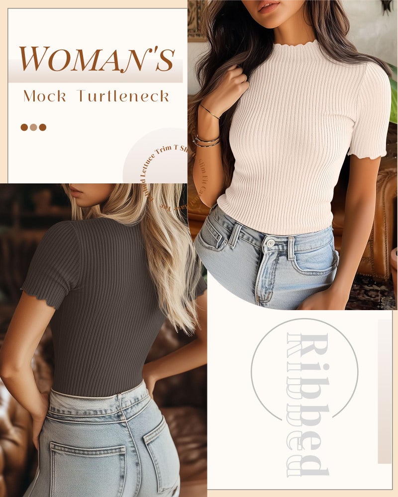 Huukeay 3 Pack Women's Mock Turtleneck Short Sleeve Tops Cotton Ribbed Lettuce Trim T Shirts Slim Fit Casual Base Tee(Cream, Cookie, Mocha Brown,Medium) - Image 4
