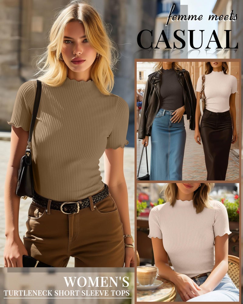 Huukeay 3 Pack Women's Mock Turtleneck Short Sleeve Tops Cotton Ribbed Lettuce Trim T Shirts Slim Fit Casual Base Tee(Cream, Cookie, Mocha Brown,Medium) - Image 2