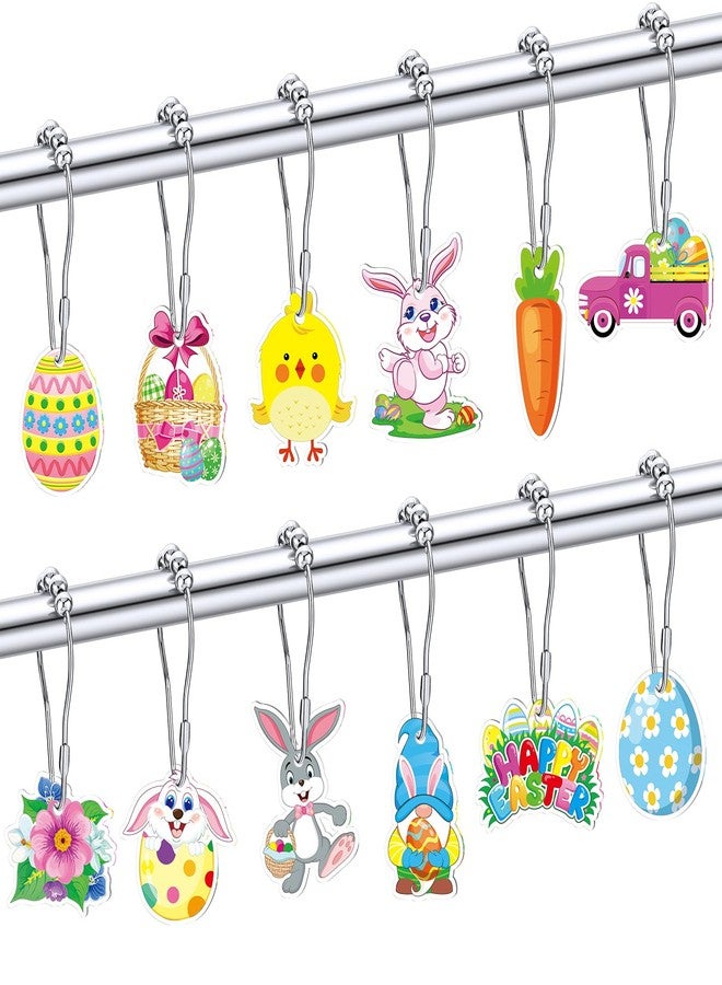 Sosation 12 Pcs Easter Shower Curtain Hooks Hangers Decorative Metal Rustproof Bathroom Pendants Decor with Happy Easter Egg Chick Rabbit Carrot Flower Stainless Shower Curtain Rings - Image 1