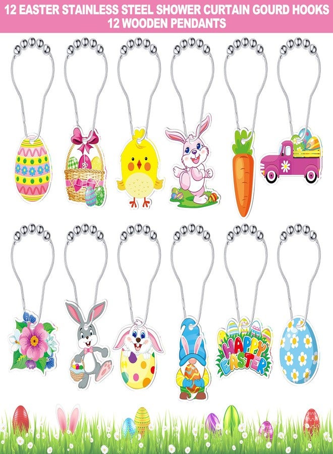 Sosation 12 Pcs Easter Shower Curtain Hooks Hangers Decorative Metal Rustproof Bathroom Pendants Decor with Happy Easter Egg Chick Rabbit Carrot Flower Stainless Shower Curtain Rings - Image 3