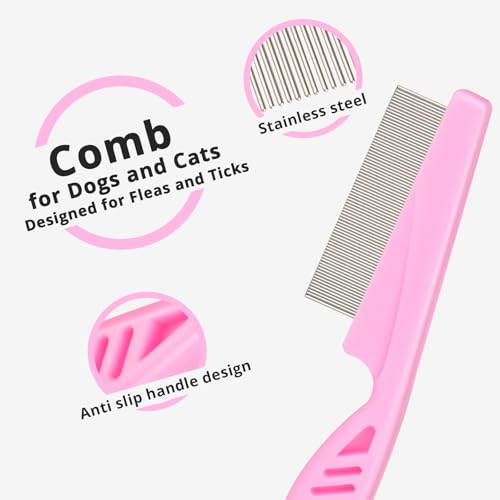 Jegtew Flea Comb for Dogs and Cats - Lice Comb with Rubber Handle - Promotes Hair Growth and Removes Loose Hair, Knots, and Flakes Flea Brush for Pets(3P,PINK) - Image 3