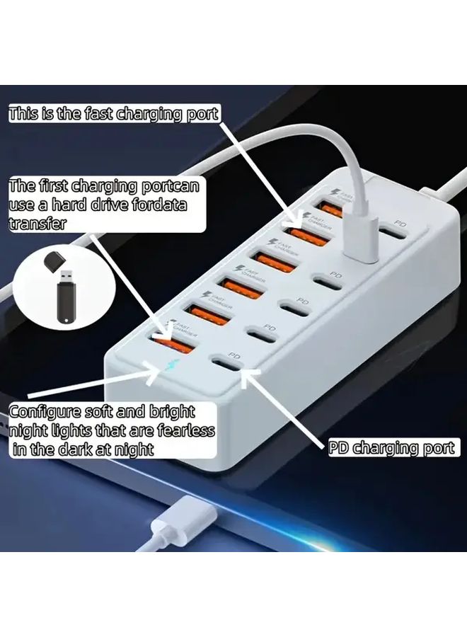 12 في 1 محطة شحن سريع بيضاء عبر USB تحتوي على 6 منافذ من نوع C بقدرة 66 واط لكل منها و6 منافذ USB A بقدرة 30-50 واط للإخراج، شريط طاقة مدمج مع حماية من الحمل الزائد وارتفاع درجة الحرارة، تصميم مخروطي مسطح للاستخدام المنزلي والمكتبي، متوافق مع الهواتف المحمولة. - Image 2