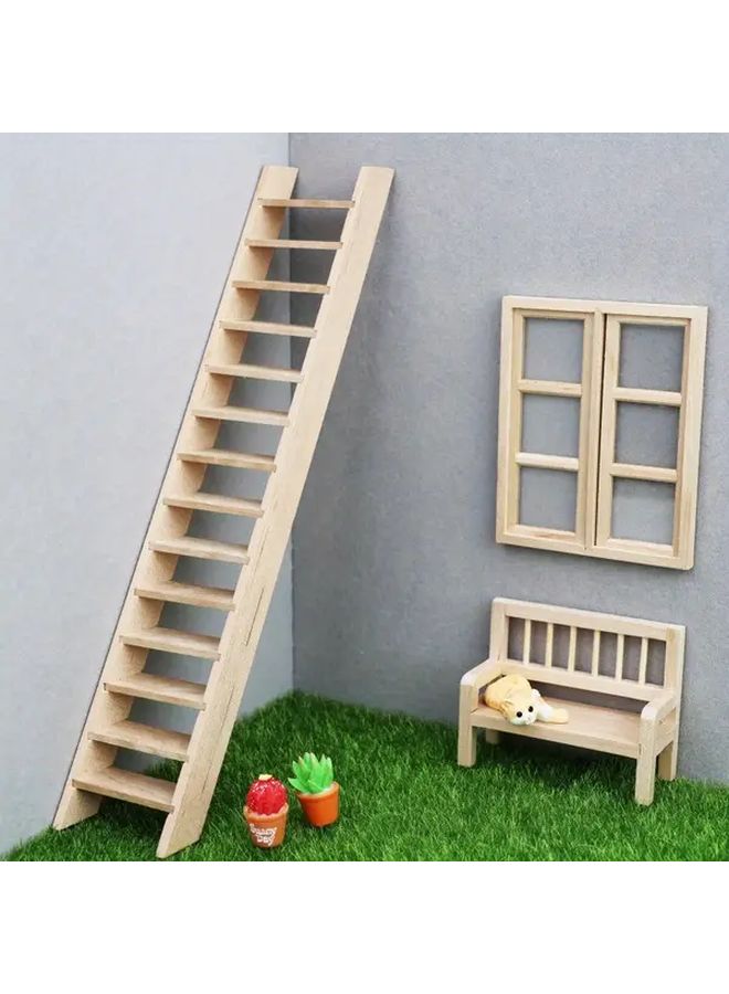 Natural Wood Mini Dollhouse Ladder 12 Piece Furniture Set for Rustic Tiny Home Decor - Image 1