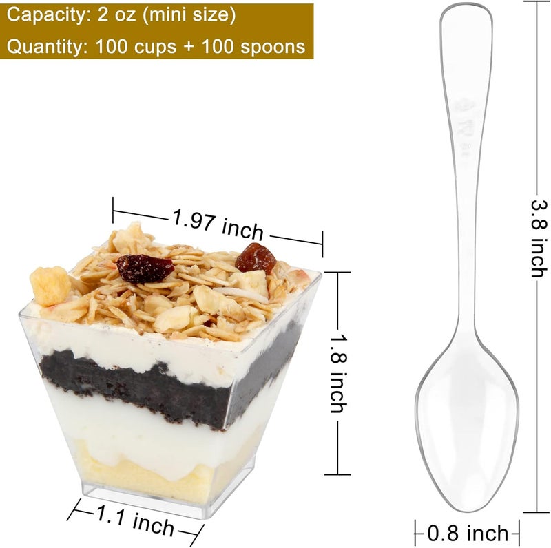Colovis Mini Dessert Cups 100 CT 2oz Clear Plastic Parfait Appetizer Cups with Spoons Mini Square Dessert Bowls for Serving Tasting 100 - Image 2