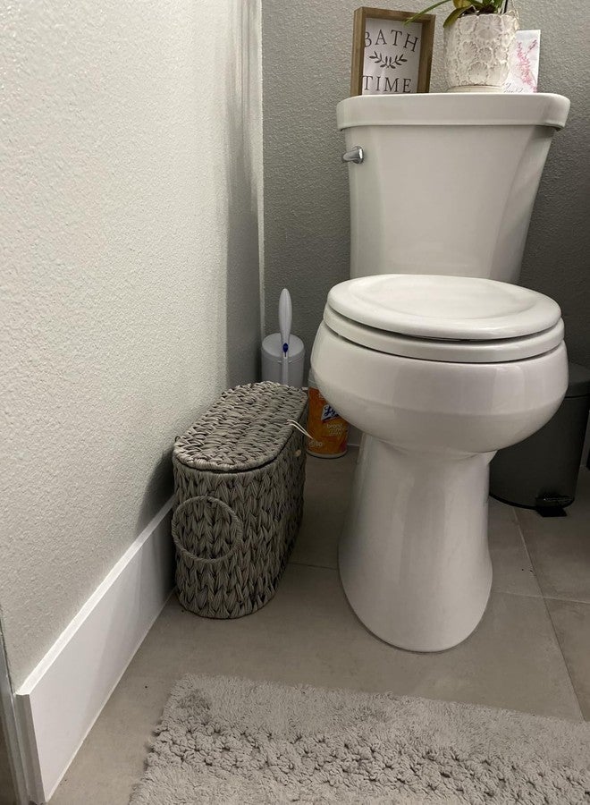 Coeusy Toilet Paper Basket,Wicker Toilet Paper Storage with Lid,Free Standing,Decorative Bathroom Toilet Paper Holder Stand,Narrow Toilet Tissue Storage Bin for Rv,Closet, Gray - Image 2