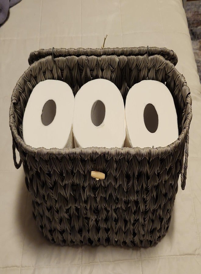 Coeusy Toilet Paper Basket,Wicker Toilet Paper Storage with Lid,Free Standing,Decorative Bathroom Toilet Paper Holder Stand,Narrow Toilet Tissue Storage Bin for Rv,Closet, Gray - Image 4